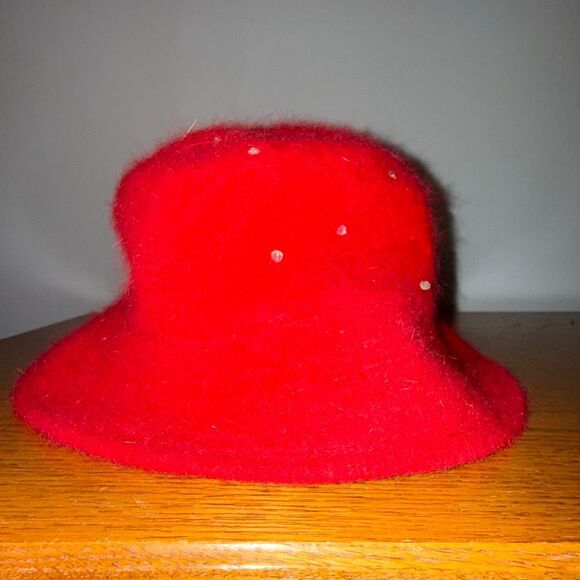 Vintage 90’s Y2K Cappelli Red‎ Angora Wool Felt Bucket Hat w/ Rhinestone Studs main image 8